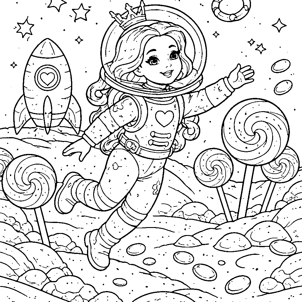 Princess Astronaut on Candy Planet Coloring Page