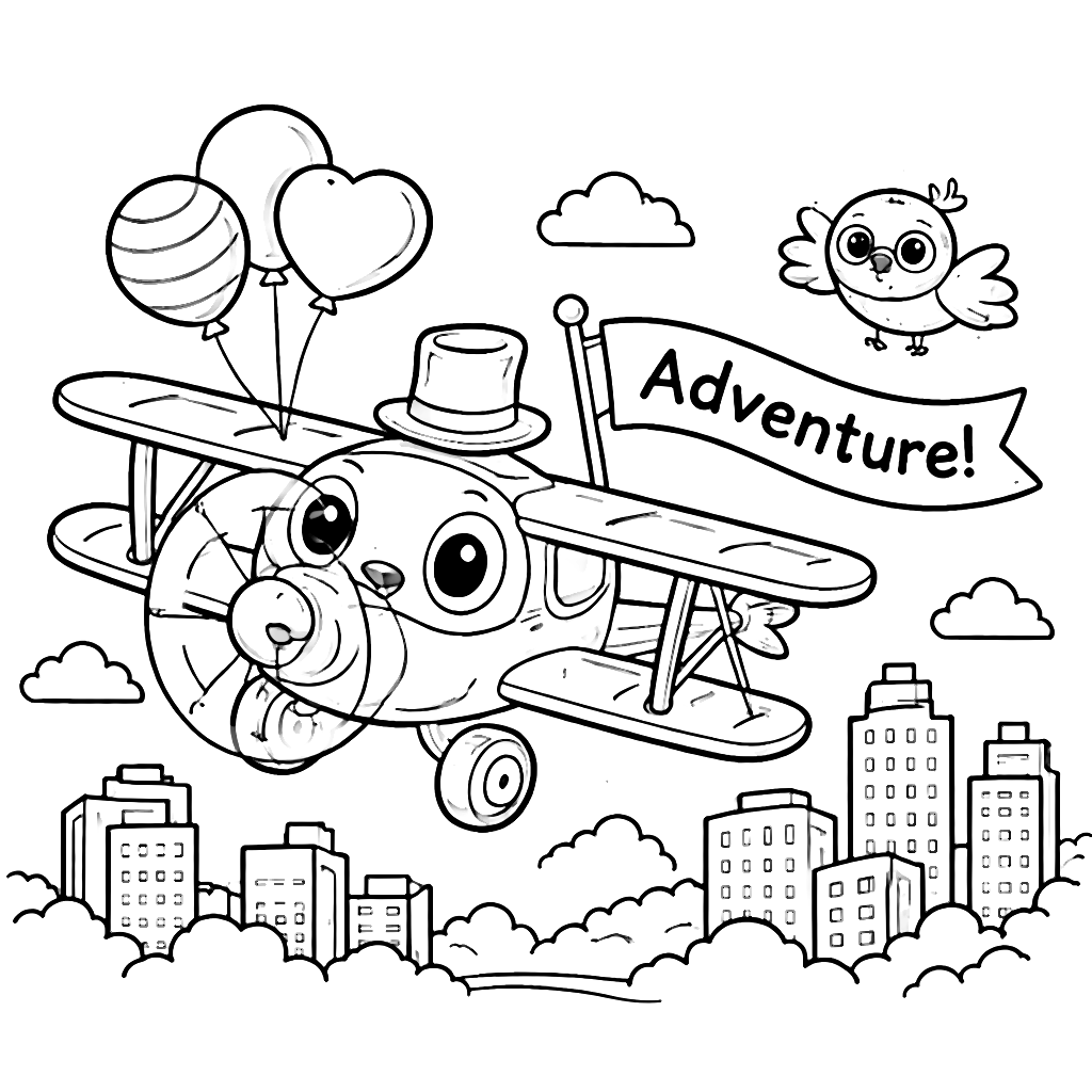 Coloring Page of a Quirky Biplane with Adventure Theme