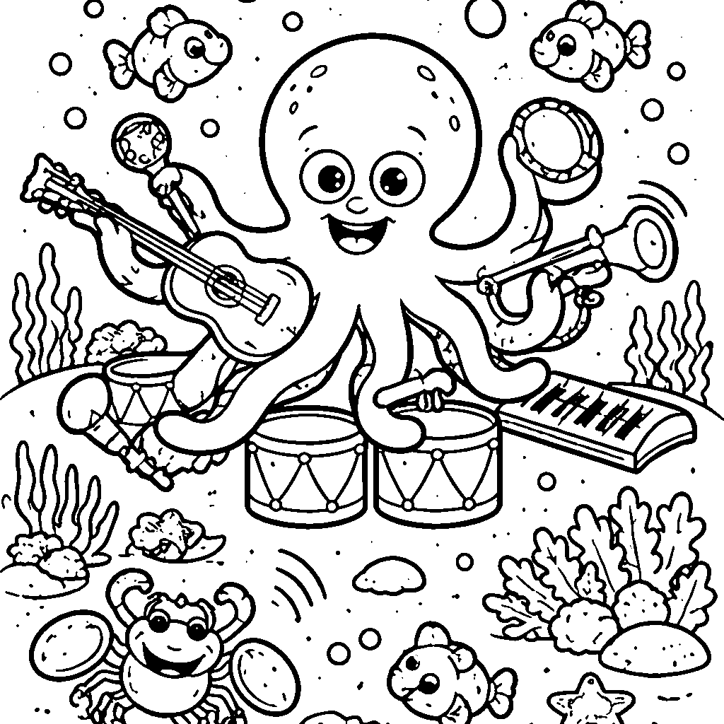 Quirky Octopus Playing Musical Instruments Coloring Page