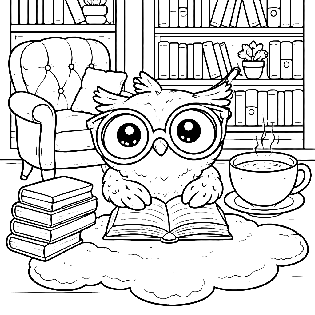 Coloring Page of a Quirky Owl in a Cozy Library