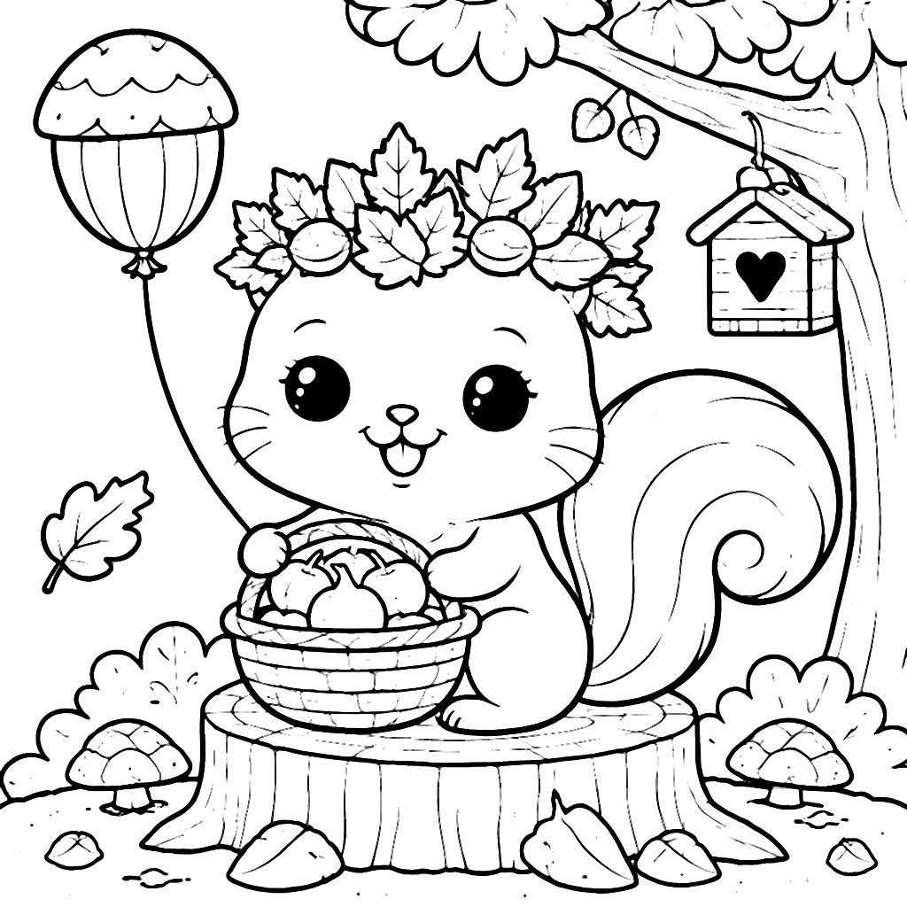 Coloring Page of a Quirky Squirrel in Autumn