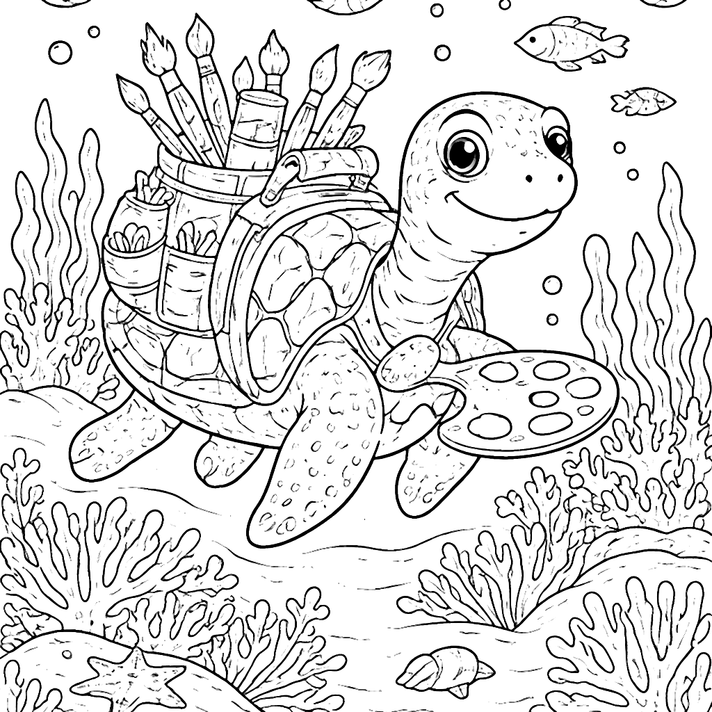 Coloring Page of a Quirky Turtle with a Backpack