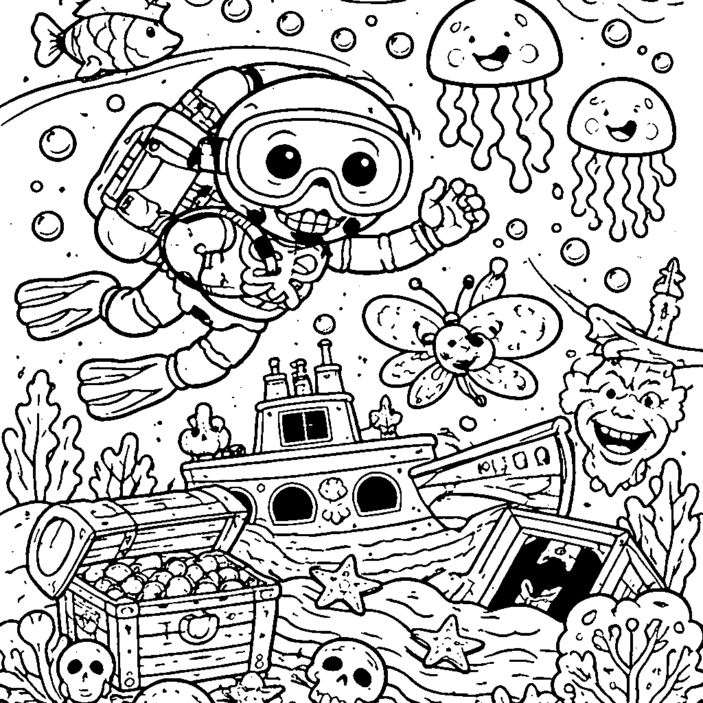 Dive into Fun with Our Scuba-Diving Skeleton Coloring Page!