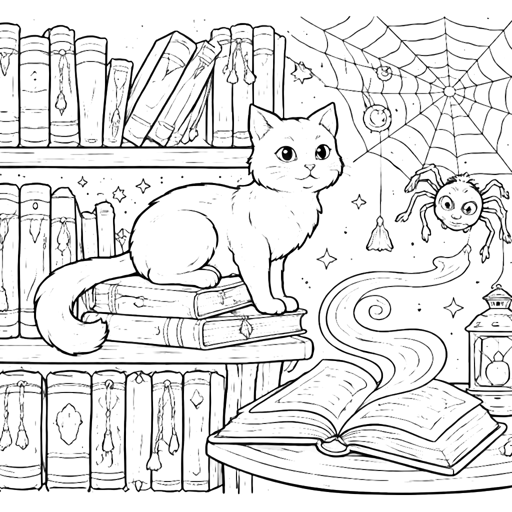 A Sleek Cat on a Magical Bookshelf Coloring Page
