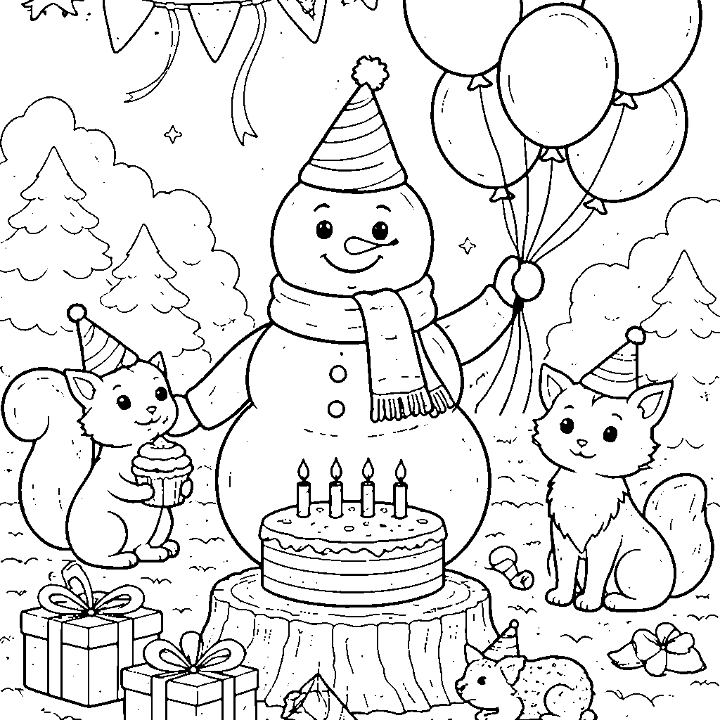 Festive Snowman with Balloons Coloring Page