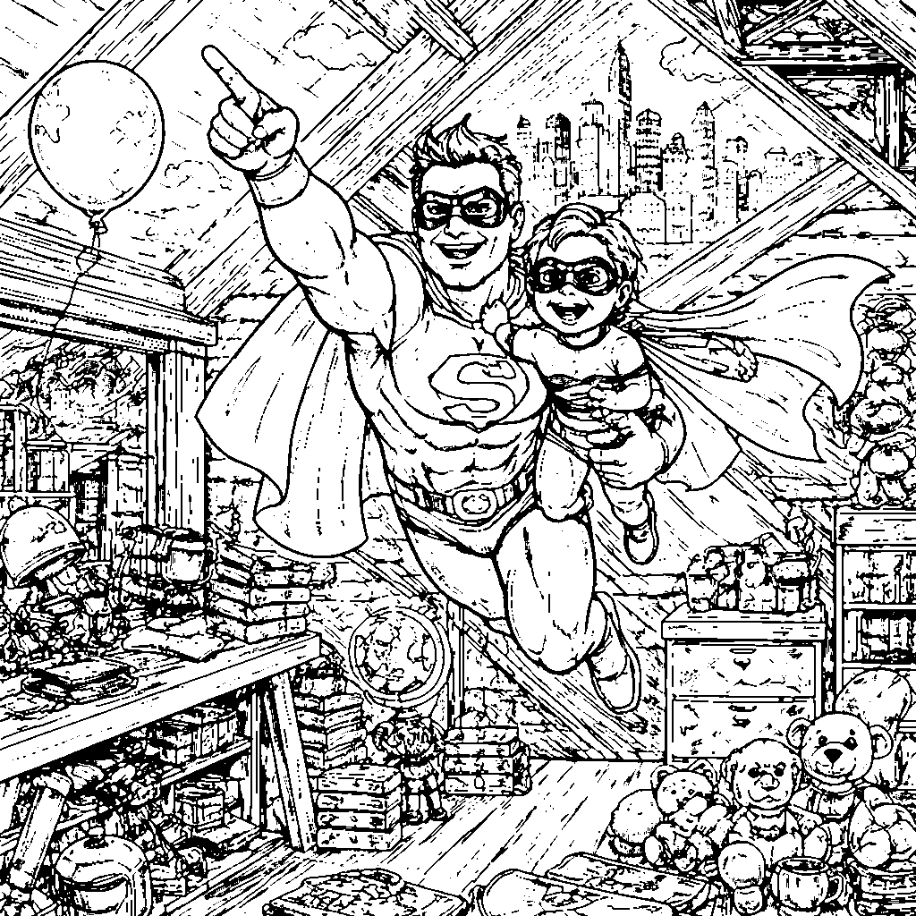 Superhero Dad Flying with His Child Coloring Page