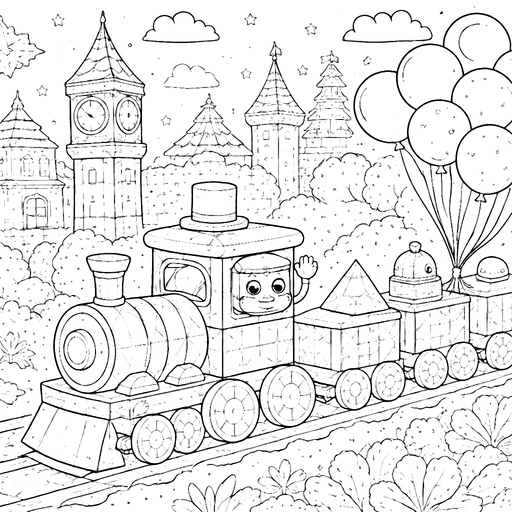 Colorful Geometric Train in a Vibrant Cityscape Coloring Page