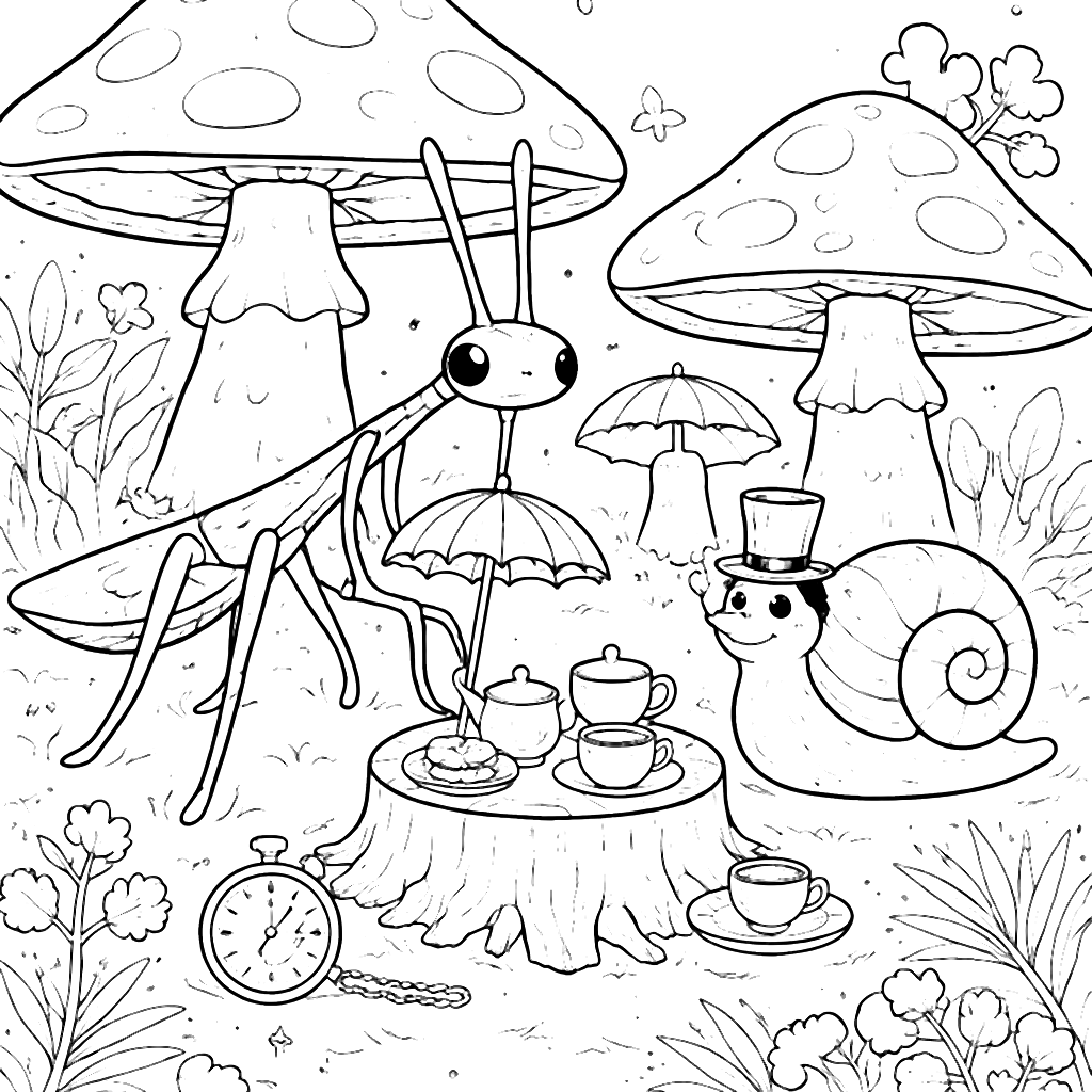Coloring Page of a Unique Stick Insect in a Whimsical Forest