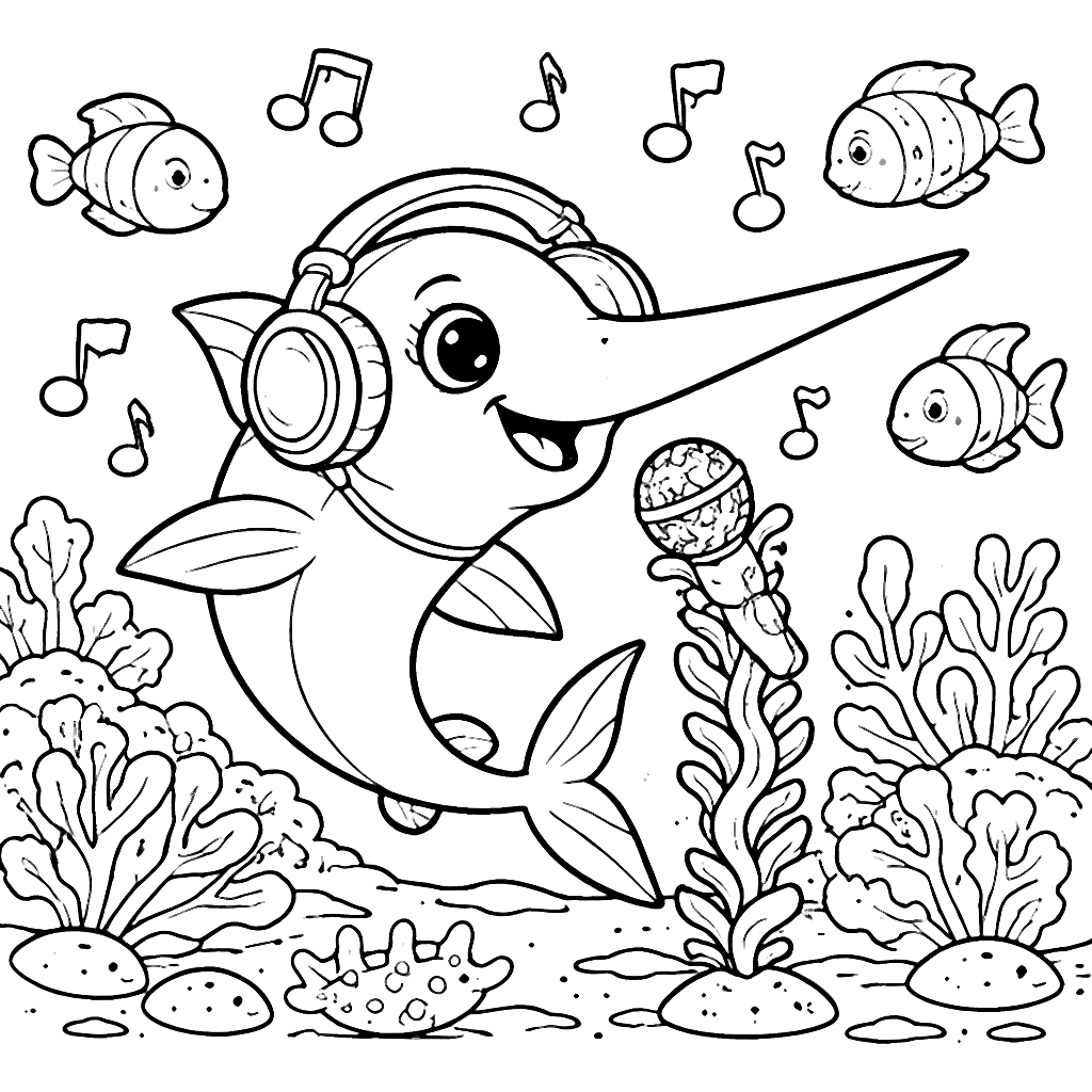 Coloring Page of a Vibrant Swordfish with Headphones