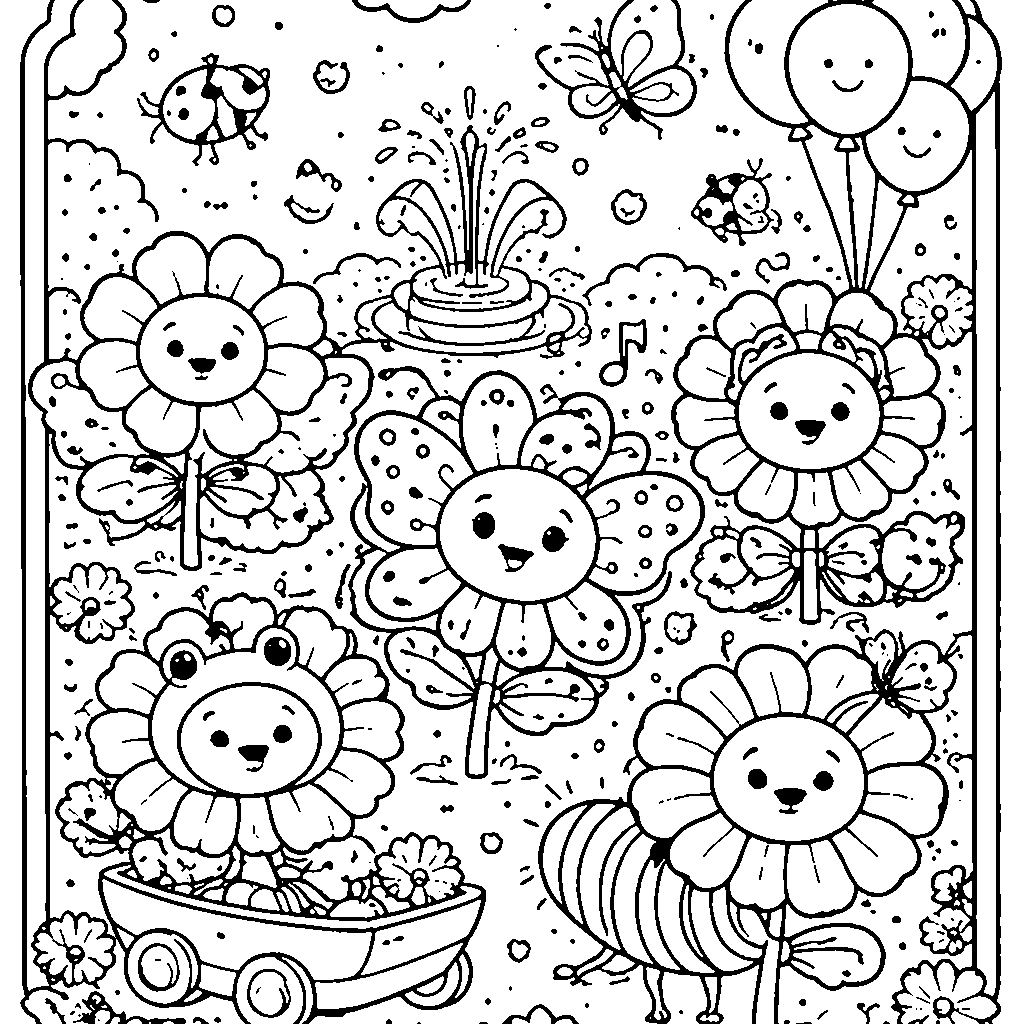 Whimsical Flower Parade Coloring Page