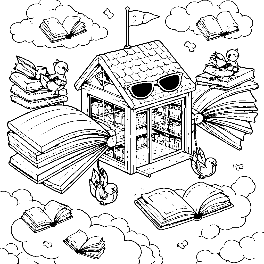 Whimsical Flying Library Coloring Page