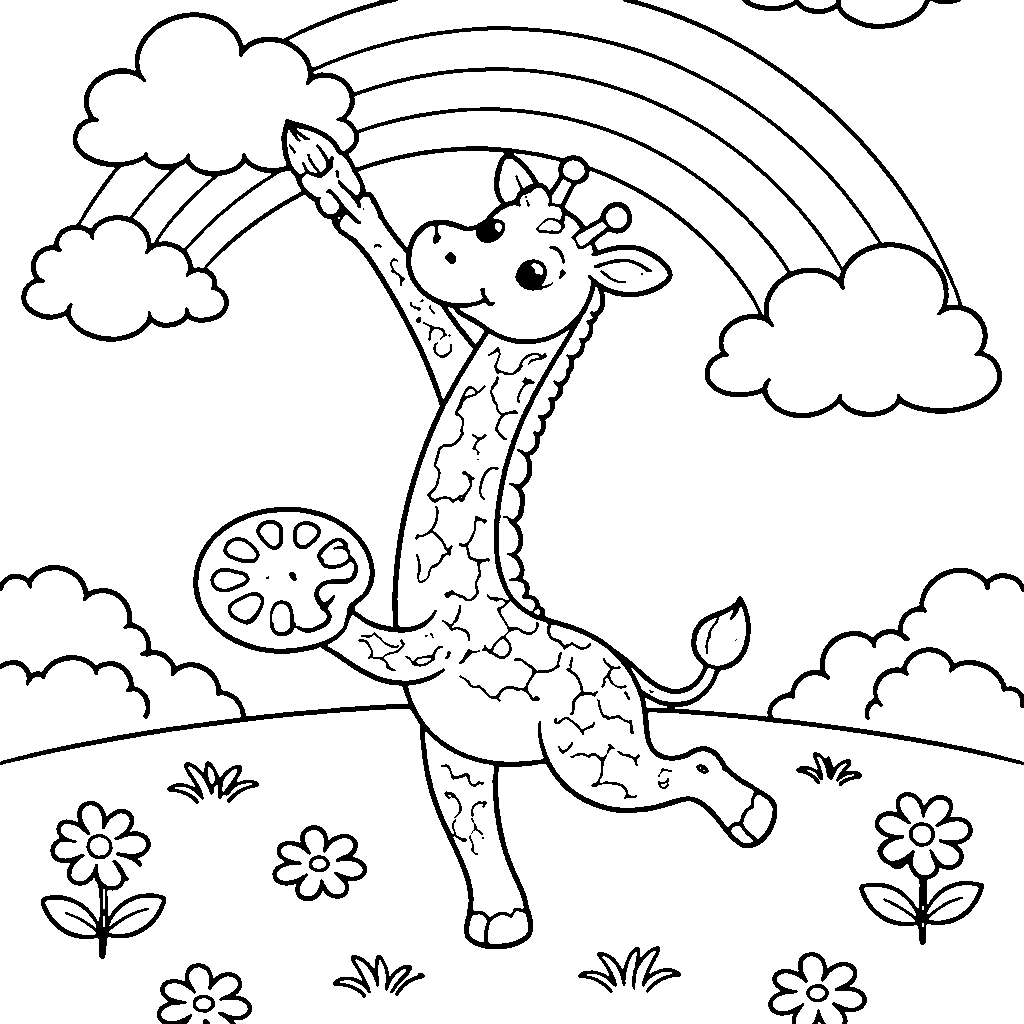 Whimsical Giraffe Painting a Rainbow Coloring Page
