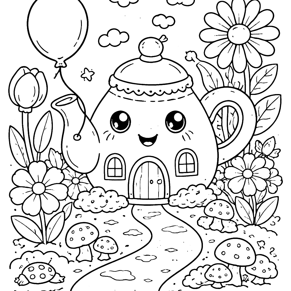 Coloring Page of a Whimsical Teapot House
