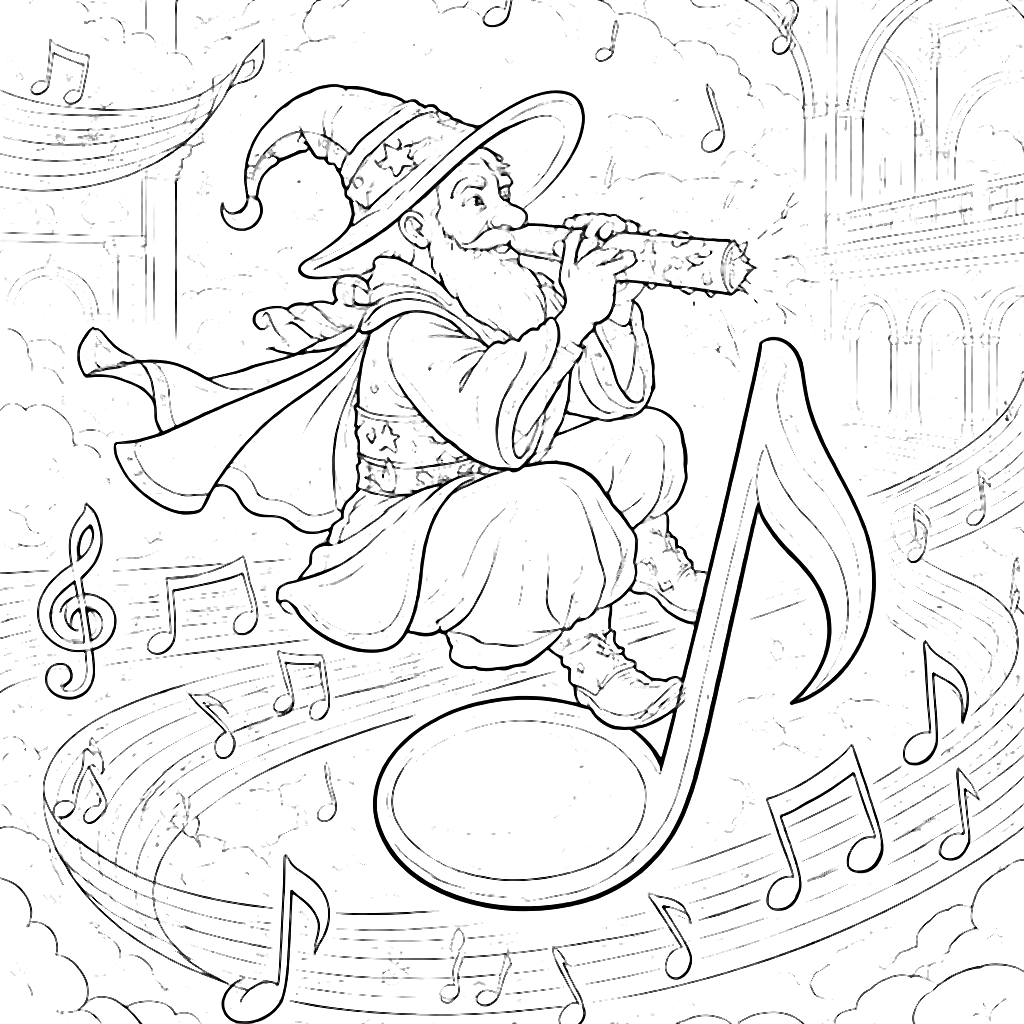 Whimsical Musical Wizard Coloring Page for Kids