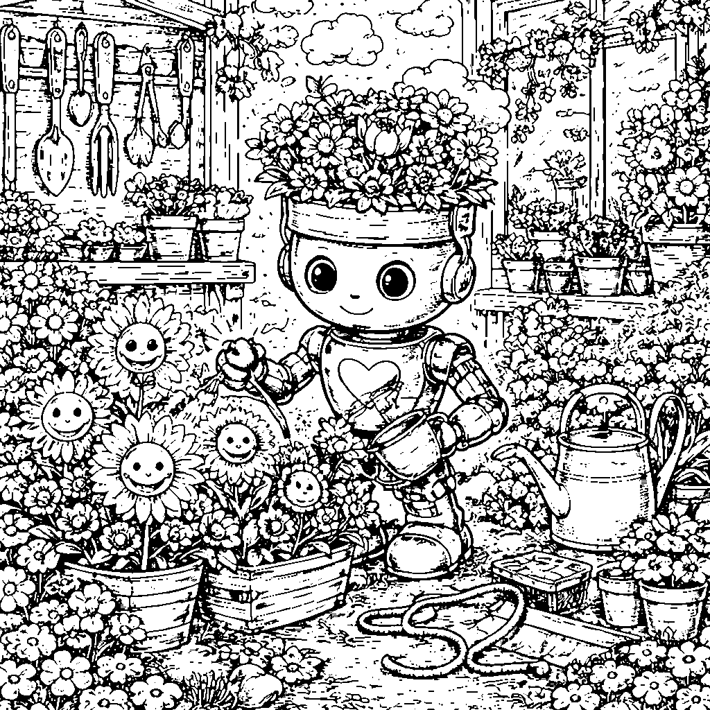 Whimsical Robot with Flower Pot Head Coloring Page