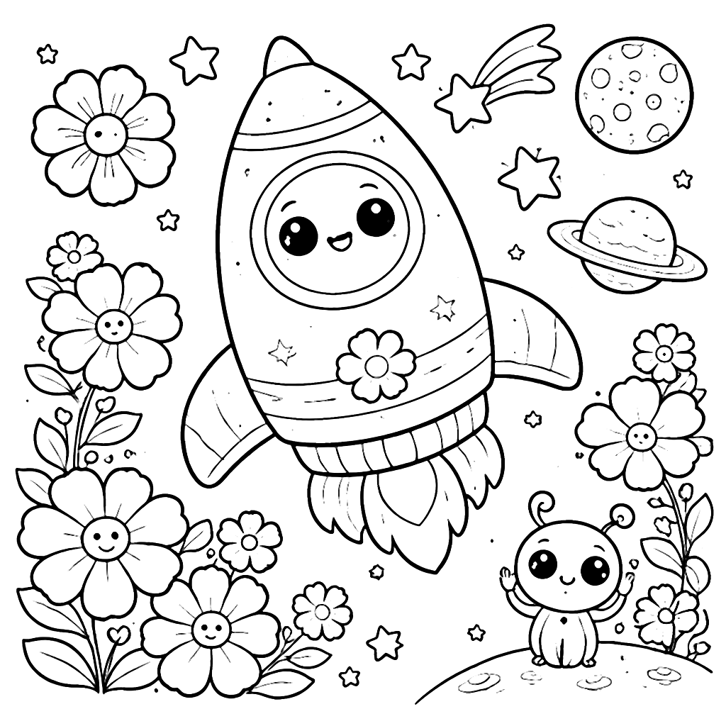 Coloring Page of a Whimsical Rocket Ship in Space