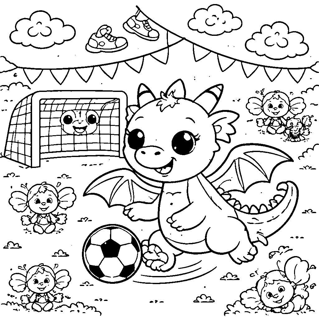 Whimsical Soccer-Playing Dragon Coloring Page