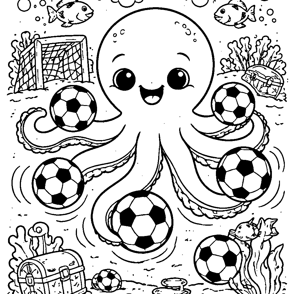 Whimsical Soccer-Playing Octopus Coloring Page