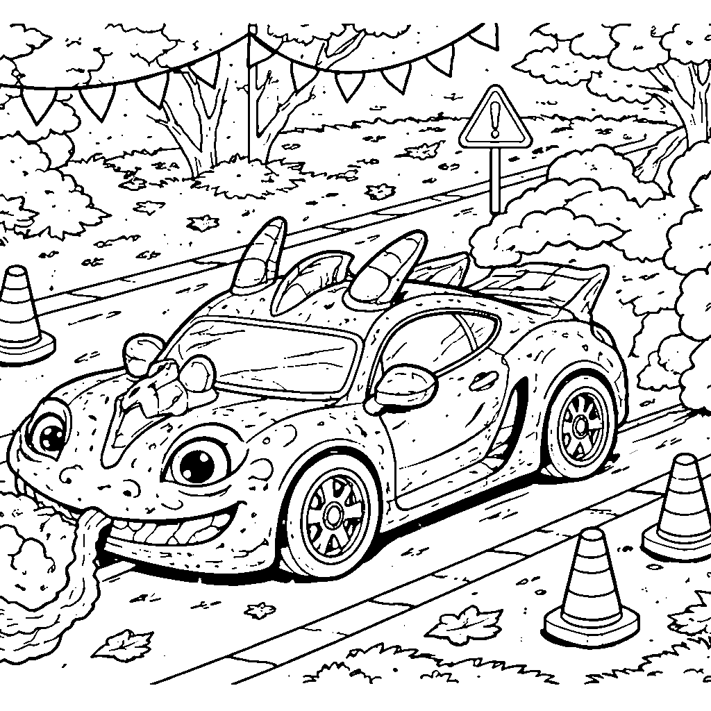 Whimsical Dragon Sports Car Coloring Page