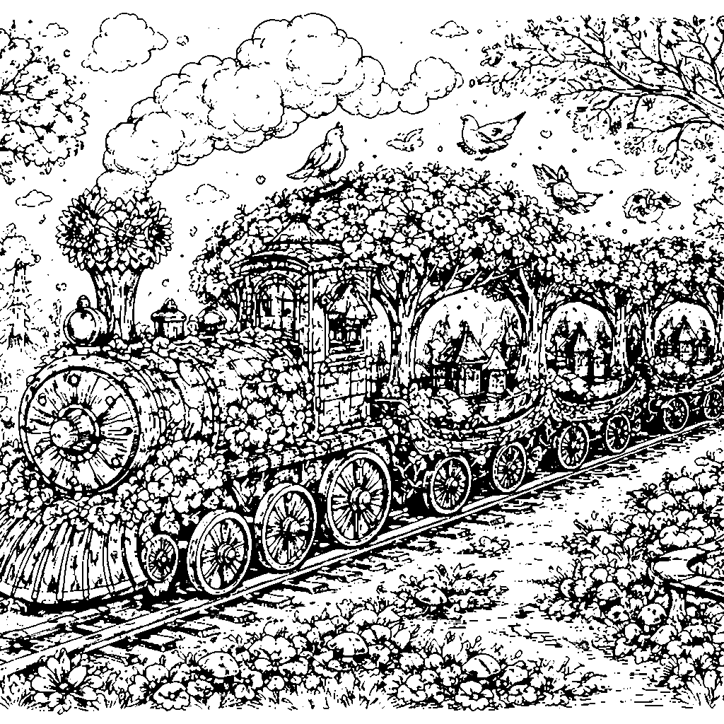 Whimsical Tree Train Coloring Page
