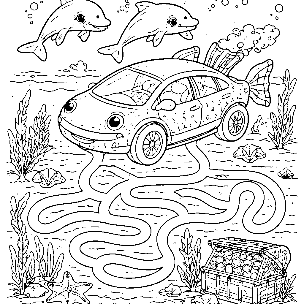 Whimsical Underwater Car Coloring Page for Kids