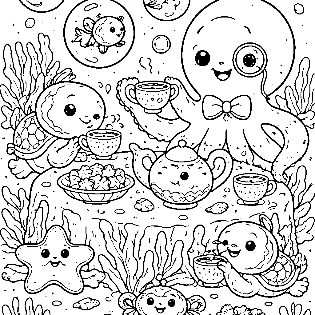 Whimsical Underwater Tea Party Coloring Page