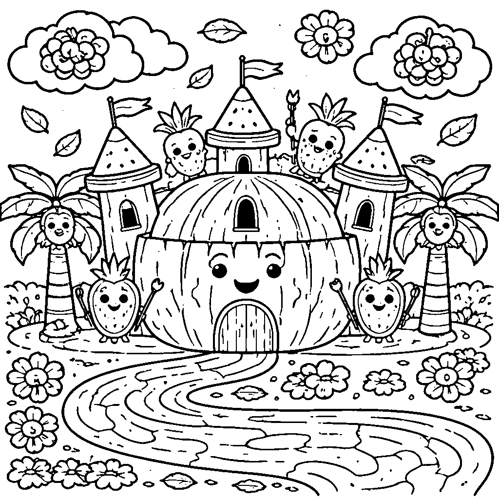 Whimsical Watermelon Castle Coloring Page