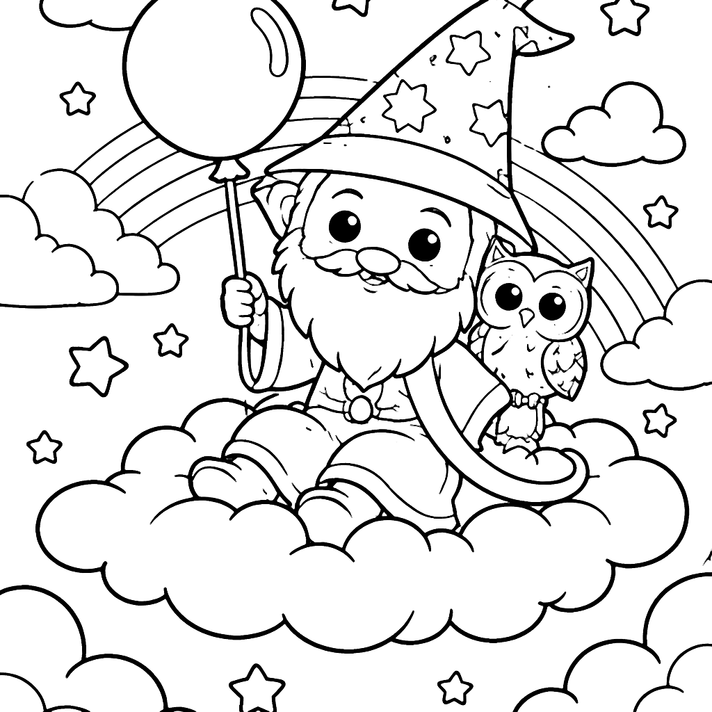 Whimsical Wizard on a Cloud Coloring Page
