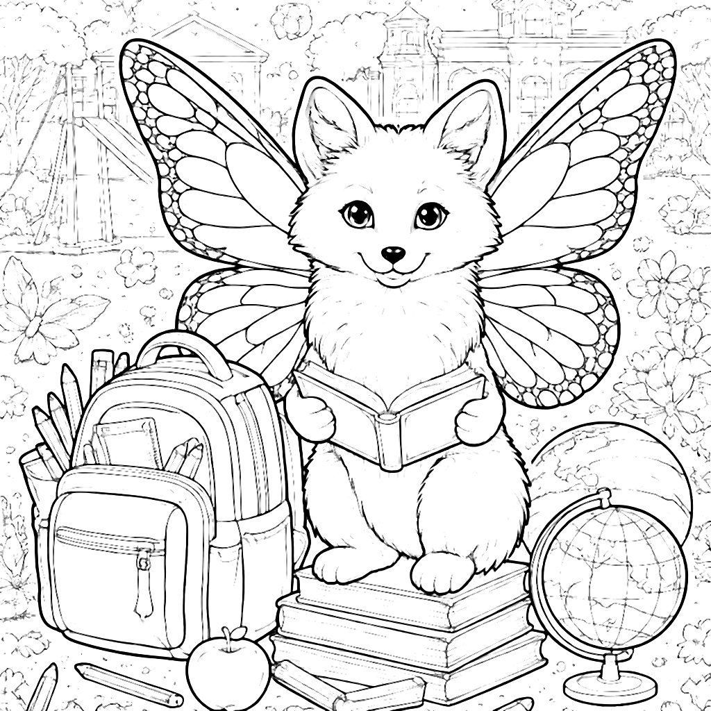 A Wise Fox with Butterfly Wings in Schoolyard Coloring Page
