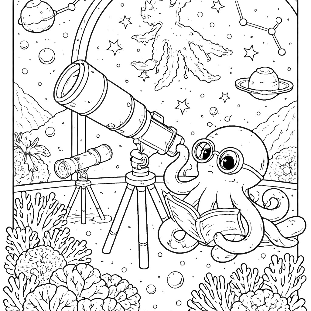 Color the Wise Octopus Stargazing in an Underwater Observatory