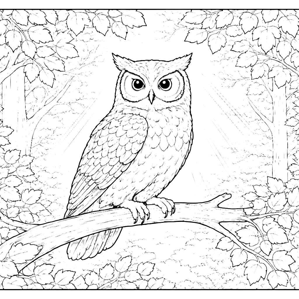 Coloring Page of a Wise Old Owl in the Forest