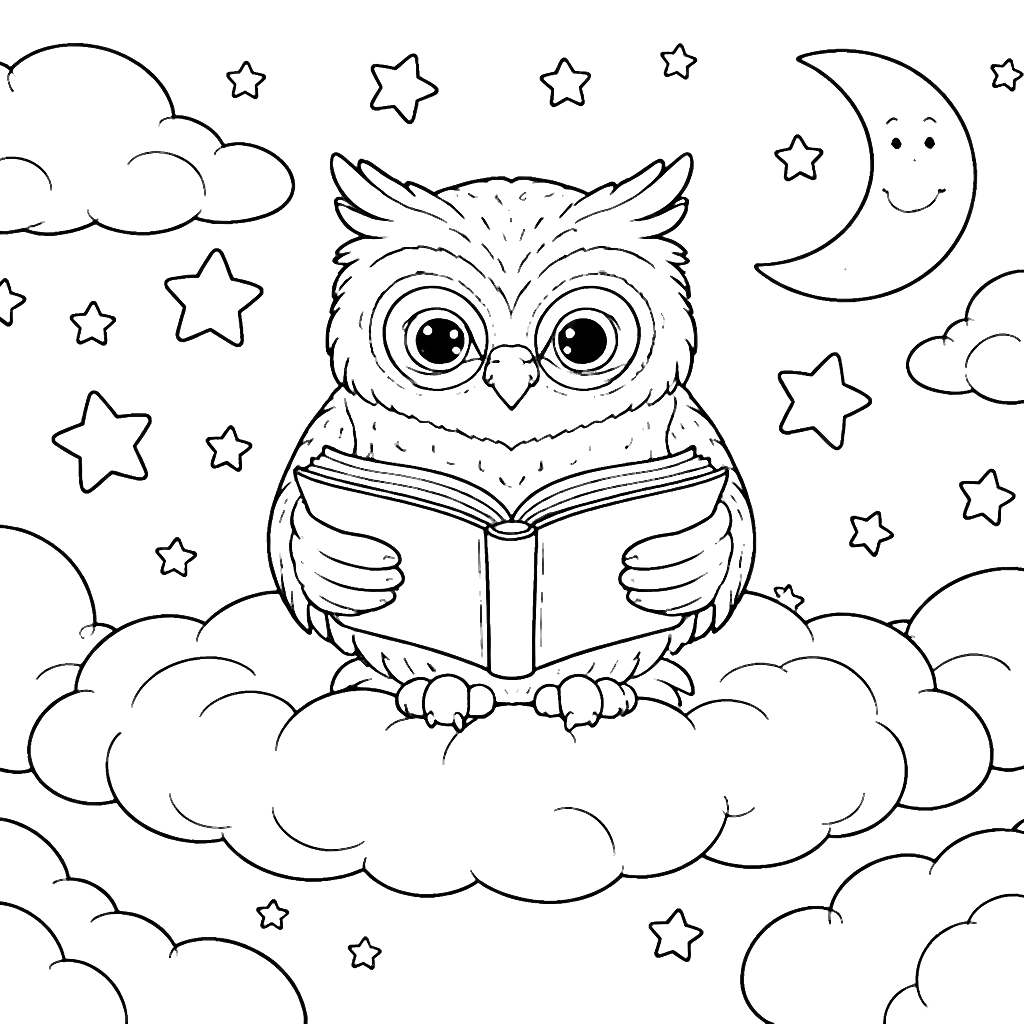 Coloring Page of a Wise Old Owl Reading on a Cloud
