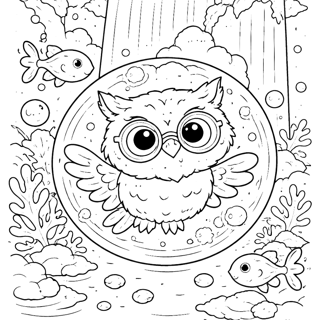 Coloring Page of a Wise Old Owl in an Underwater World