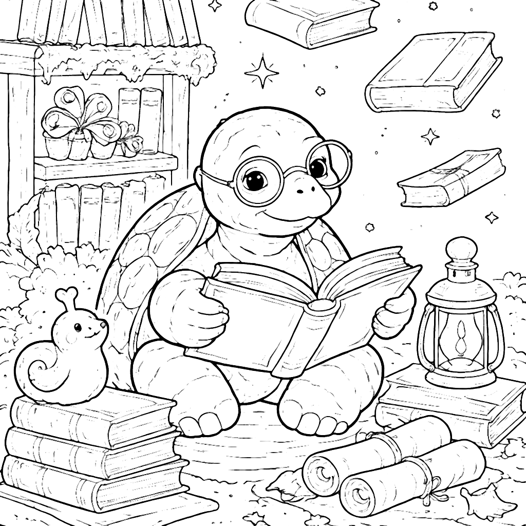 A Wise Old Tortoise Reading a Book Coloring Page