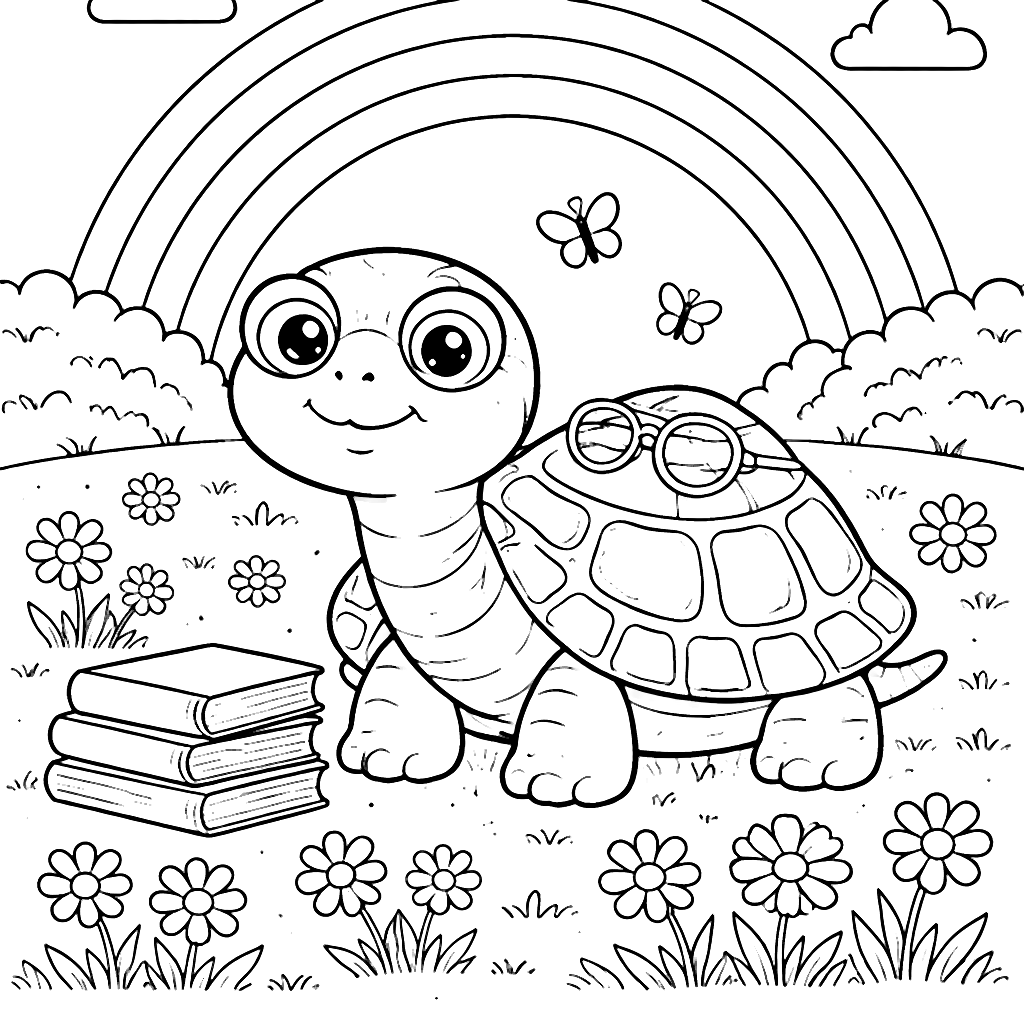Coloring Page of a Wise Old Tortoise Under a Rainbow