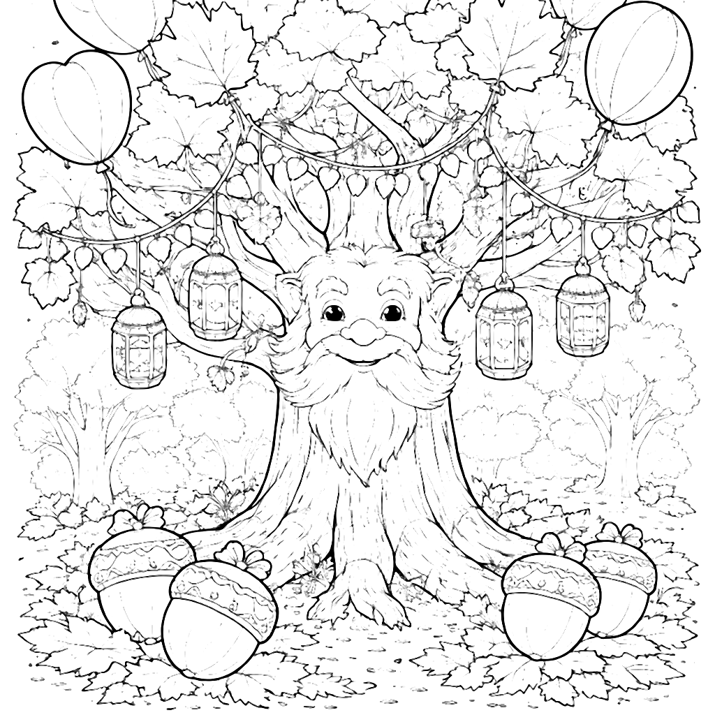 Coloring Page of a Wise Old Tree with Festive Decor