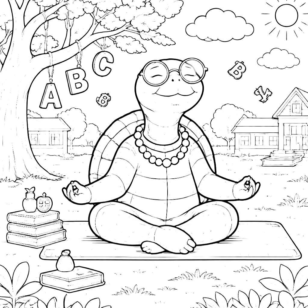 Coloring Page of a Wise Old Turtle Doing Yoga