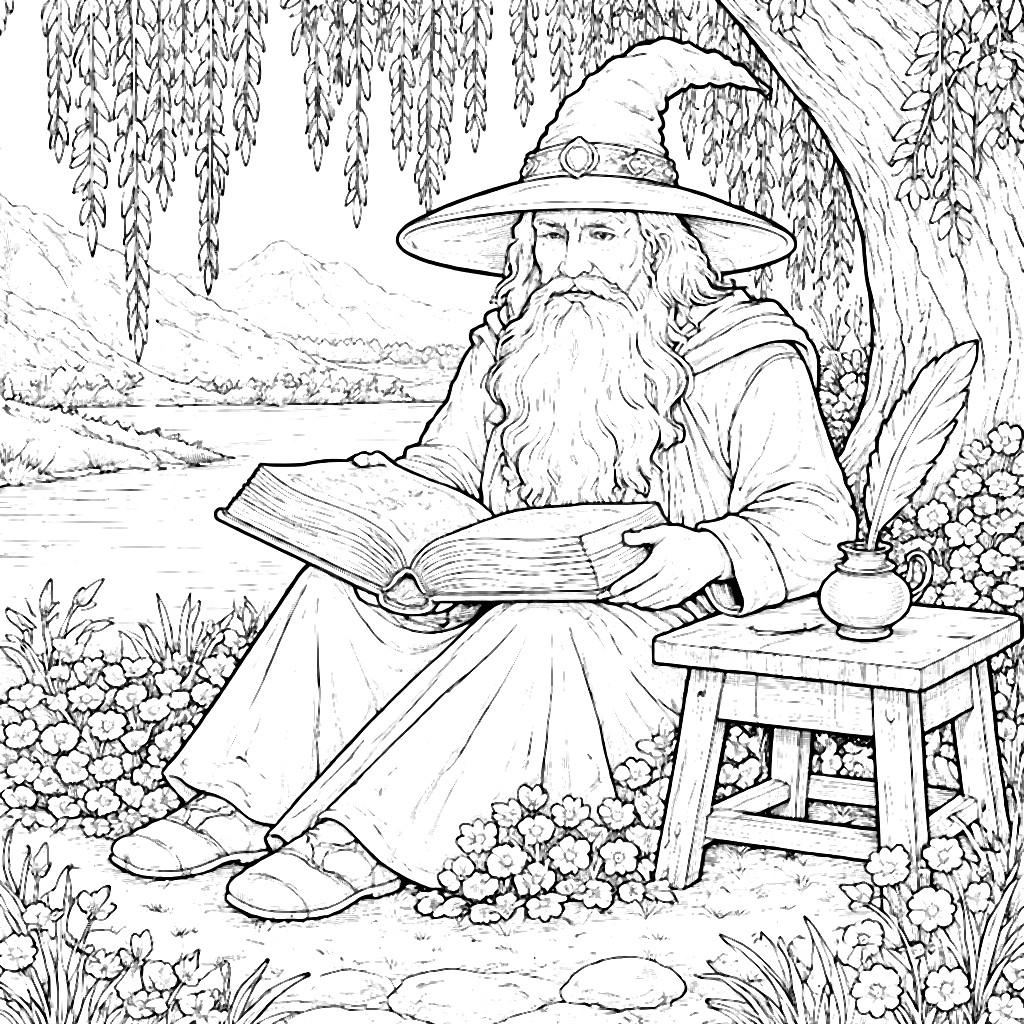 Coloring Page of a Wise Old Wizard by the Riverside