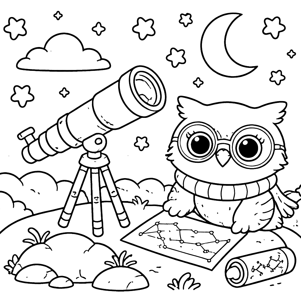 A Wise Owl Stargazing Coloring Page for Mother's Day