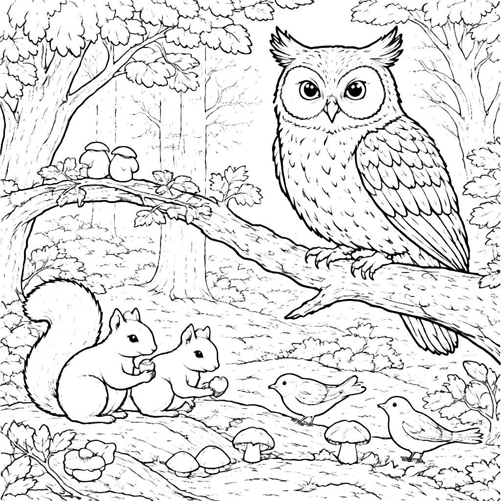 Coloring Page of a Wise Owl Observing Woodland Creatures