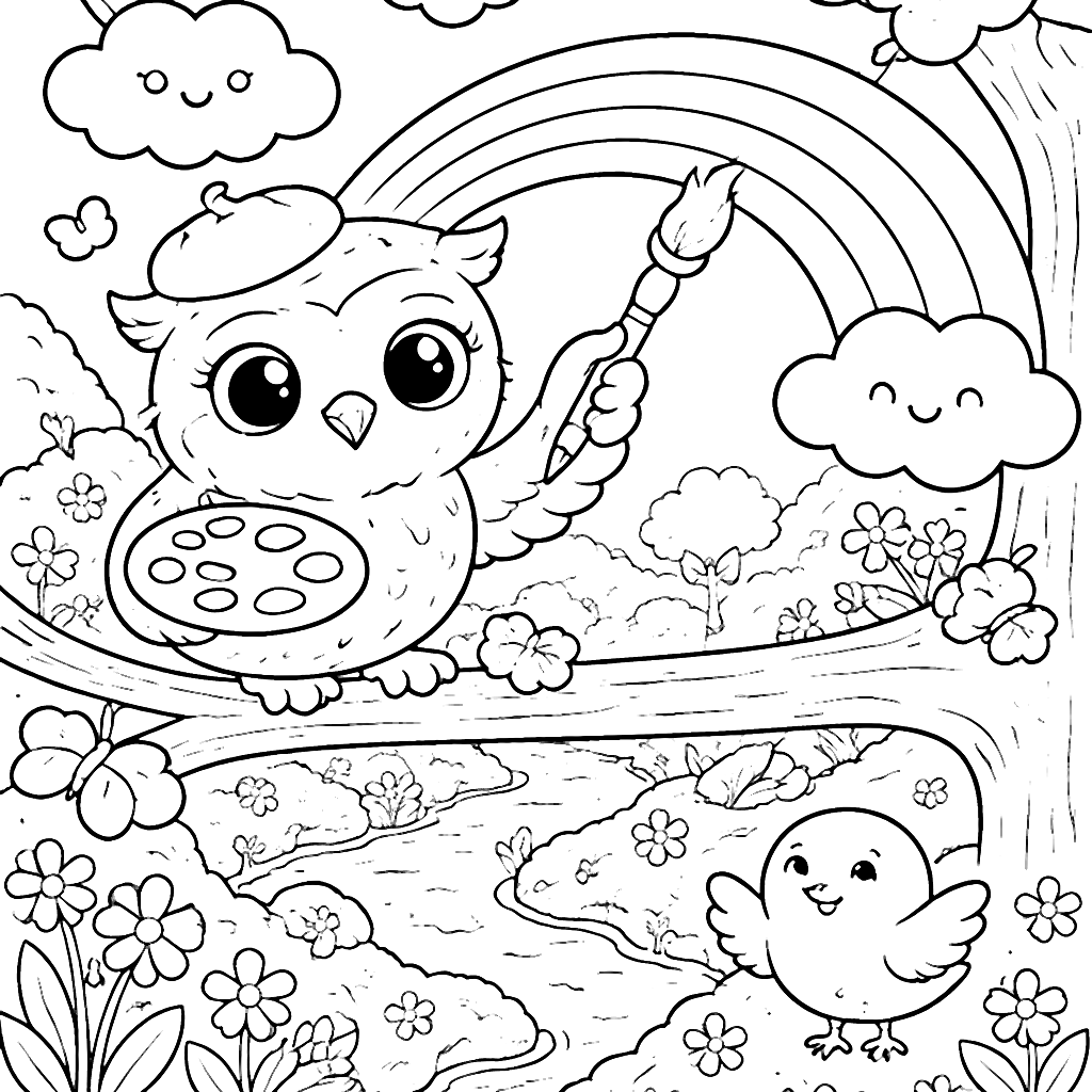 Coloring Page of a Wise Owl Painting a Rainbow