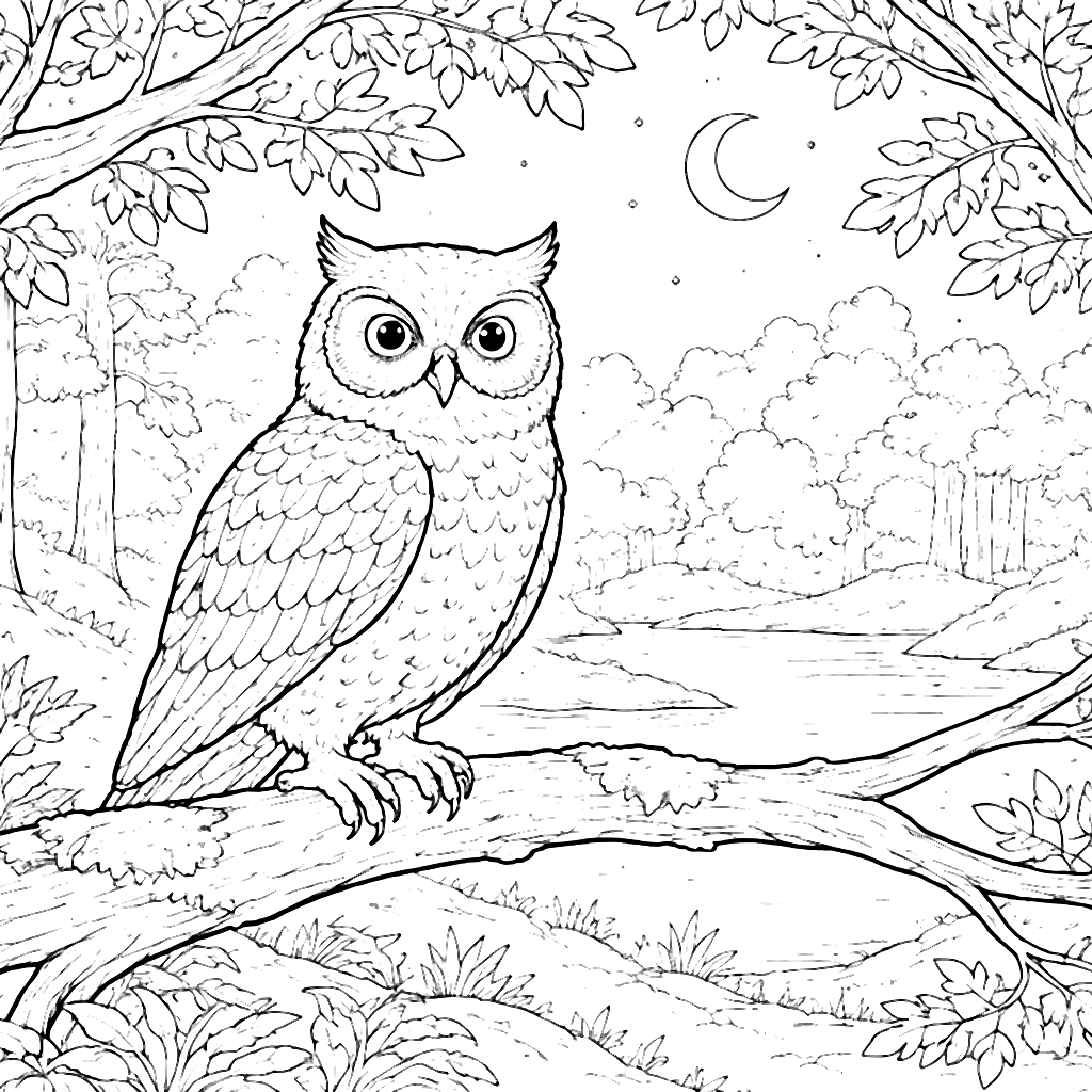 Coloring Page of a Wise Owl in Twilight Forest