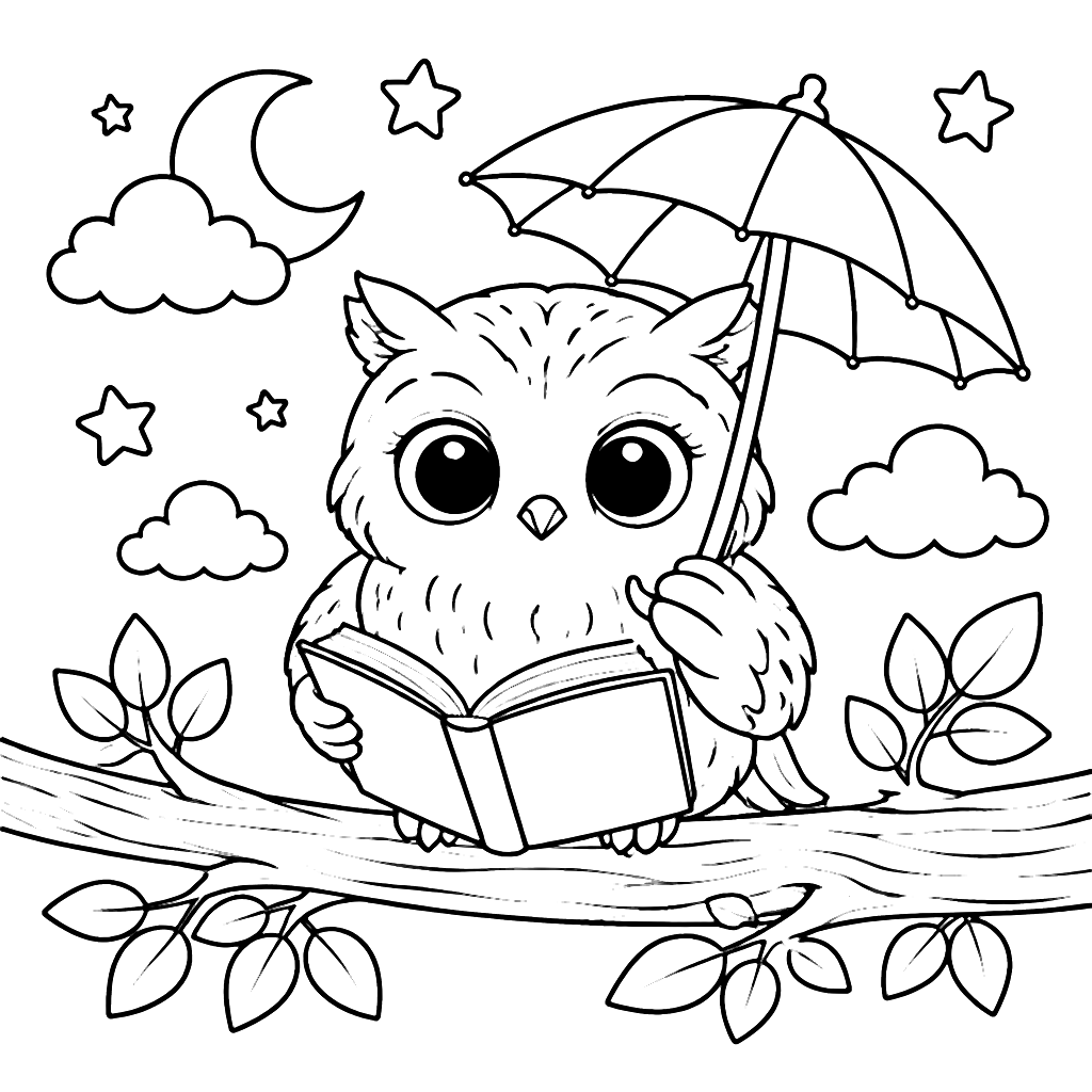 Coloring Page of a Wise Owl with an Umbrella
