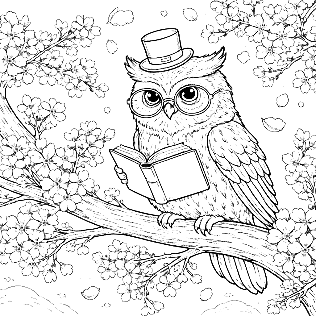 Coloring Page of a Wise Owl in a Cherry Blossom Tree