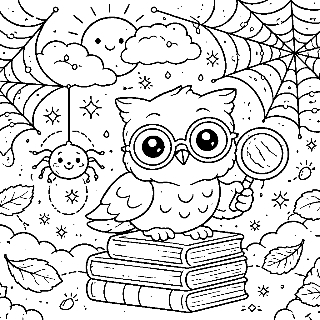 A Wise Owl Coloring Page with a Friendly Spider