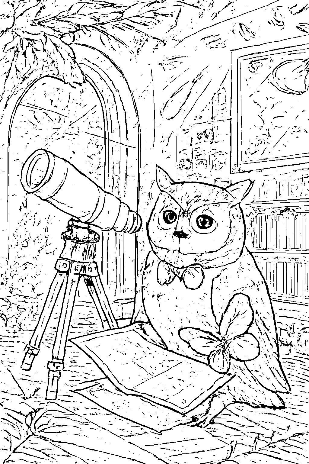 Coloring Page of a Wise Owl Under the Starry Sky