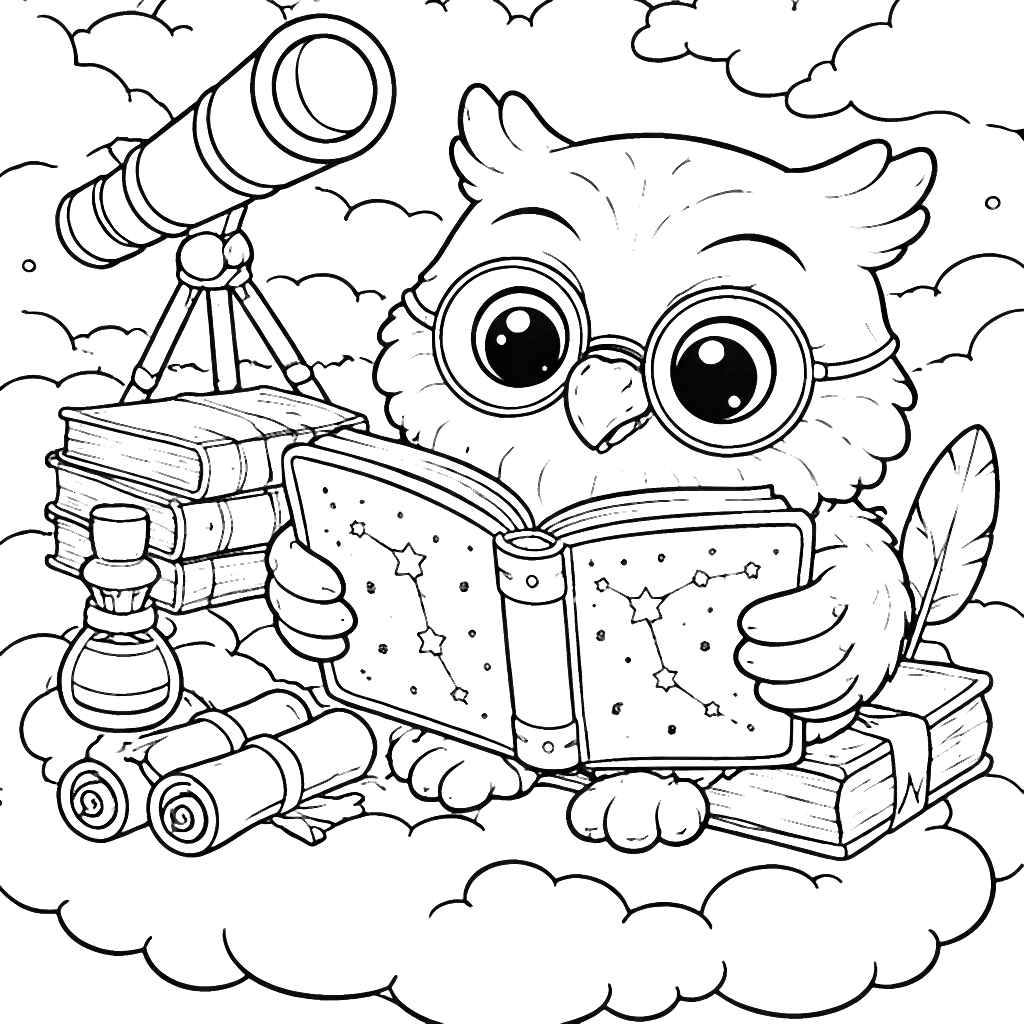 Coloring Page of a Wise Owl in an Enchanted Library