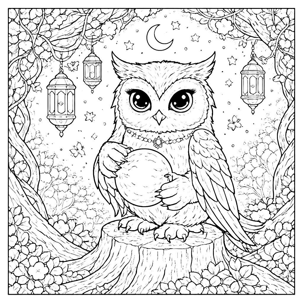 Coloring Page of a Wise Owl in a Mystical Forest