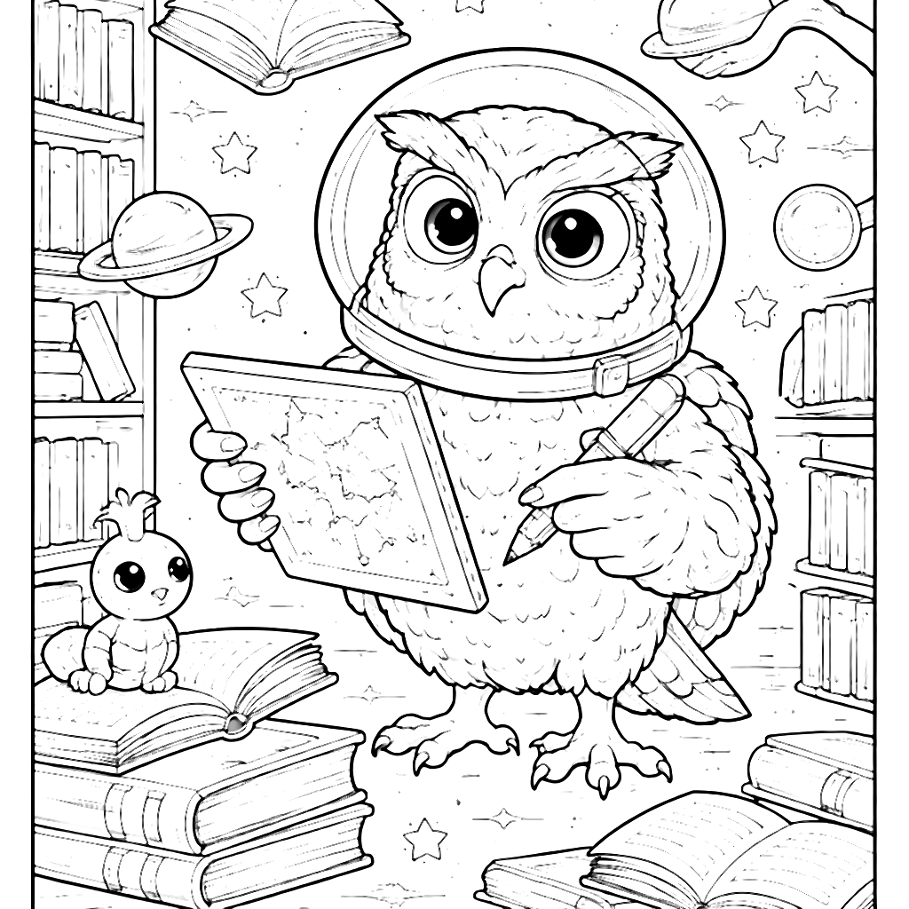 Coloring Page of a Wise Owl in a Cosmic Library