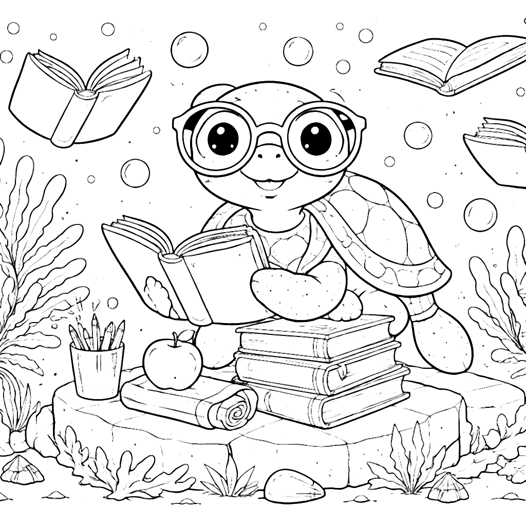Coloring Page of a Wise Turtle in an Underwater Classroom